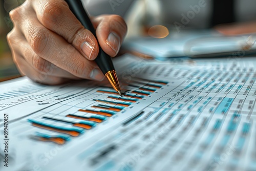 Close-up of a hand holding a pen analyzing financial document with colorful charts and graphs, representing business data review.