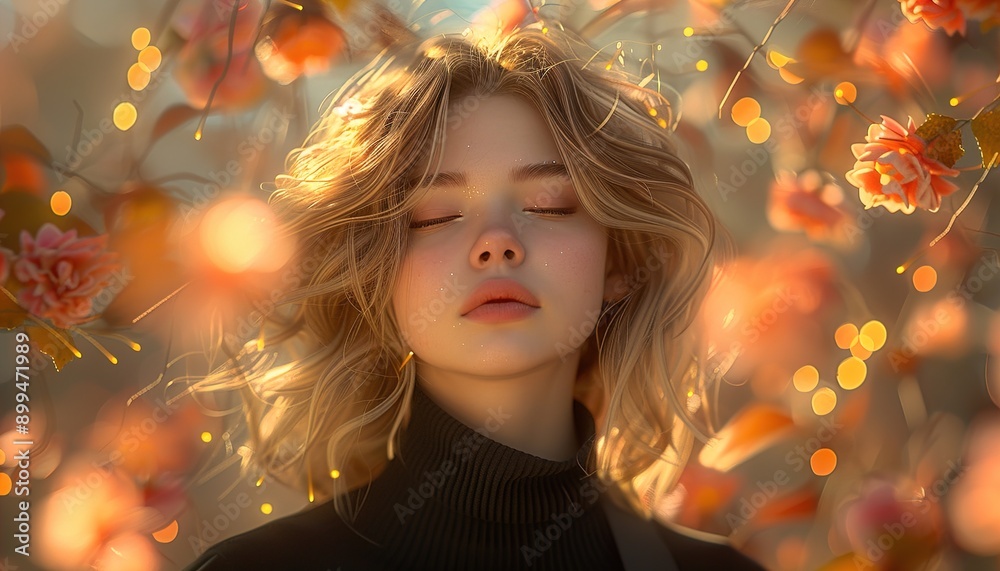 Generative AI illustration of tranquil woman with natural makeup Generative AI illustration of tranquil woman with natural makeup