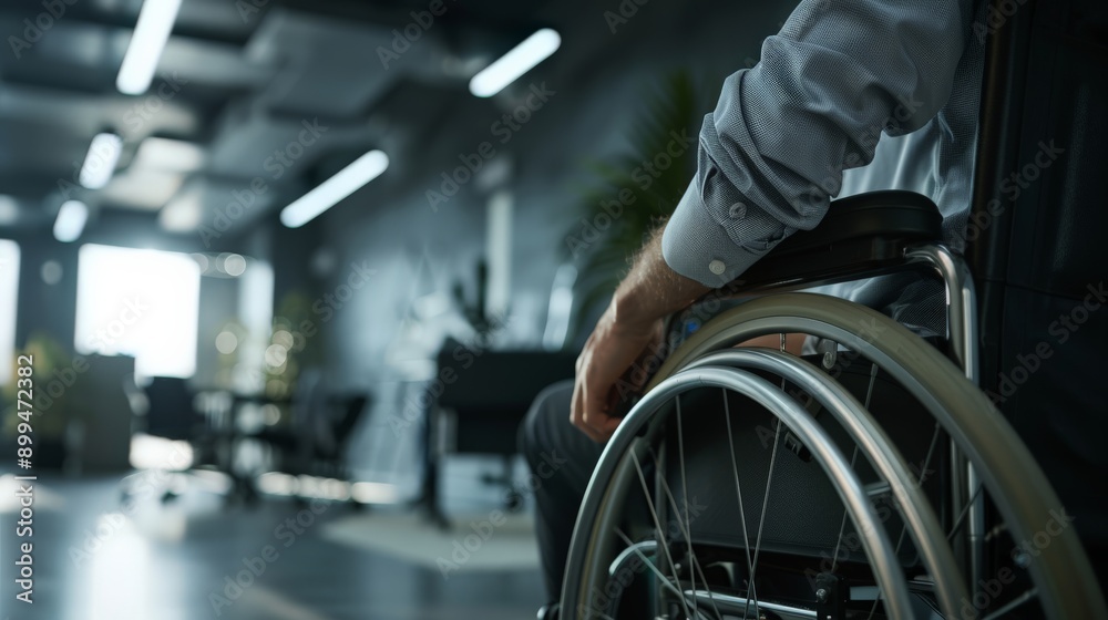 Close-up of a person in a wheelchair in a modern office setting. Accessibility and inclusion in the workplace. Close-up of a person in a wheelchair in a modern office setting. Accessibility and inclusion in the workplace.