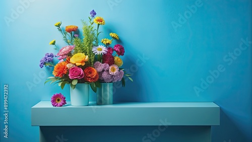 Fototapeta Naklejka Na Ścianę i Meble -  Blue podium with a variety of colorful flowers placed on a shelf against a blue background, blue, podium, flowers