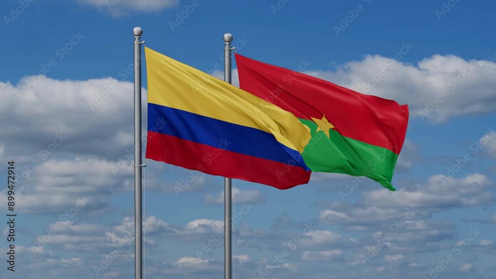 Burkina Faso and Colombia flags flying together, video concept of the relationship, two country relations concept Burkina Faso and Colombia flags flying together, video concept of the relationship, two country relations concept