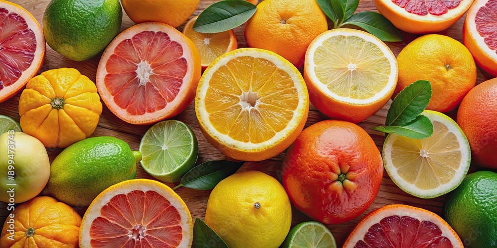 Fototapeta premium Close-up photo of various colorful citrus fruits including oranges, lemons, and grapefruits , citrus, fruits, vitamin C, healthy
