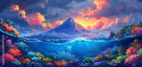 illustration of an underwater and volcano mountain with colorful coral reefs