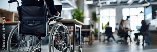 Close-up of a person in a wheelchair working on a laptop in a modern office. Highlighting workplace accessibility and inclusion. photo