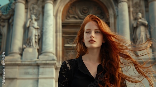 A white woman with long red hair and a confident look, standing in front of a historic building. © Scott