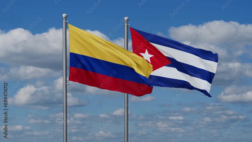 Cuba and Colombia flags flying together, video concept of the relationship, two country cooperation concept Cuba and Colombia flags flying together, video concept of the relationship, two country cooperation concept