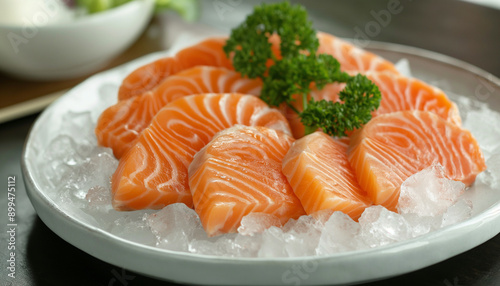 Fresh salmon fish fillet on the plate, Pieces of trout raw red fish, Korean sushi restaurant menu 