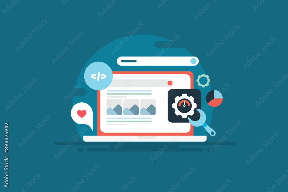 SEO software tool providing code and content optimization for search engine visibility, information technology vector illustration.