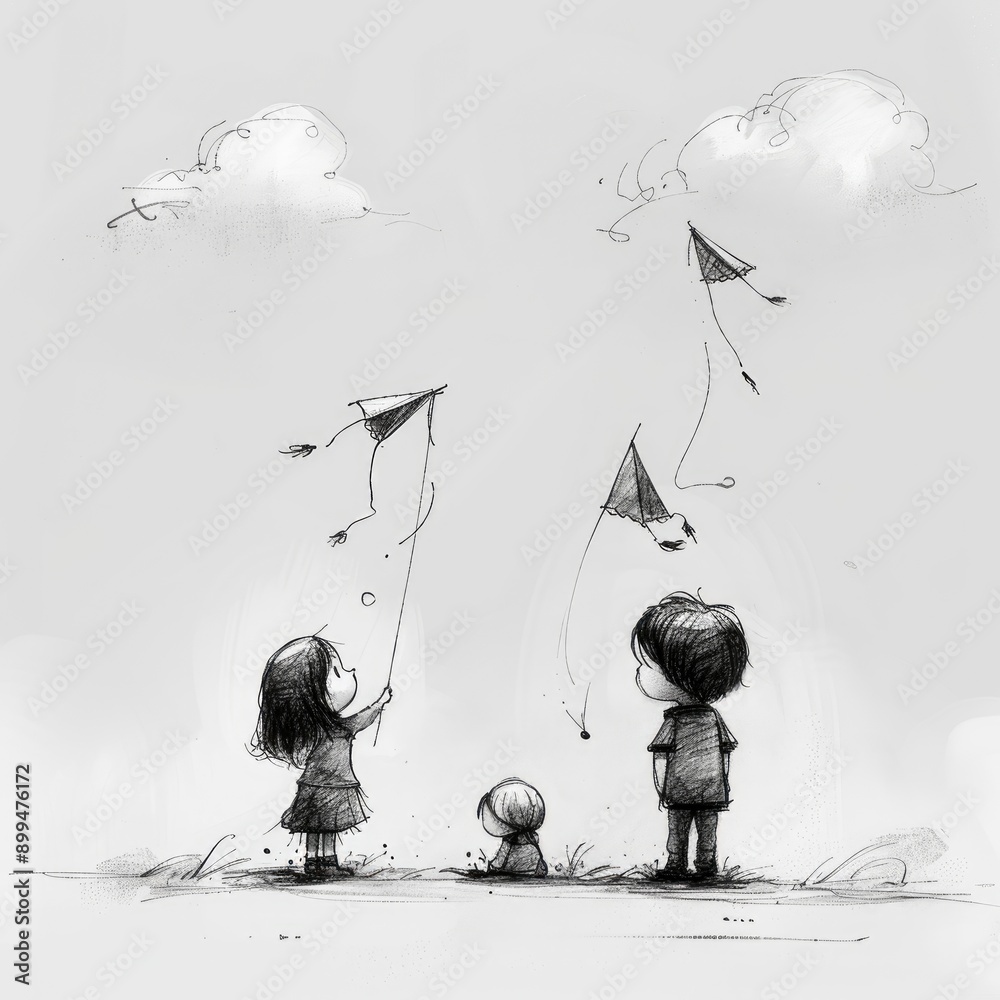 Naklejka premium Children Flying Kites in a