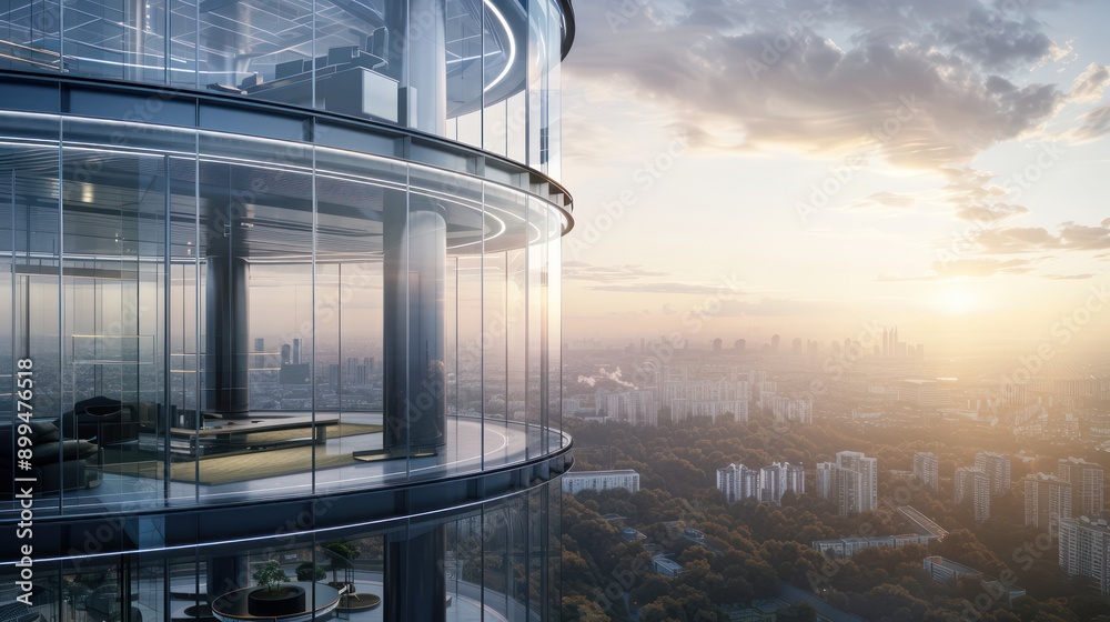 home office in a revolving tower, providing 360-degree views of the surrounding cityscape or landscape as it slowly rotates home office in a revolving tower, providing 360-degree views of the surrounding cityscape or landscape as it slowly rotates
