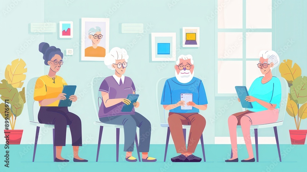 Four elderly people are focused on their tablets, attentively participating in a digital learning session at a community center. Generative AI Four elderly people are focused on their tablets, attentively participating in a digital learning session at a community center. Generative AI