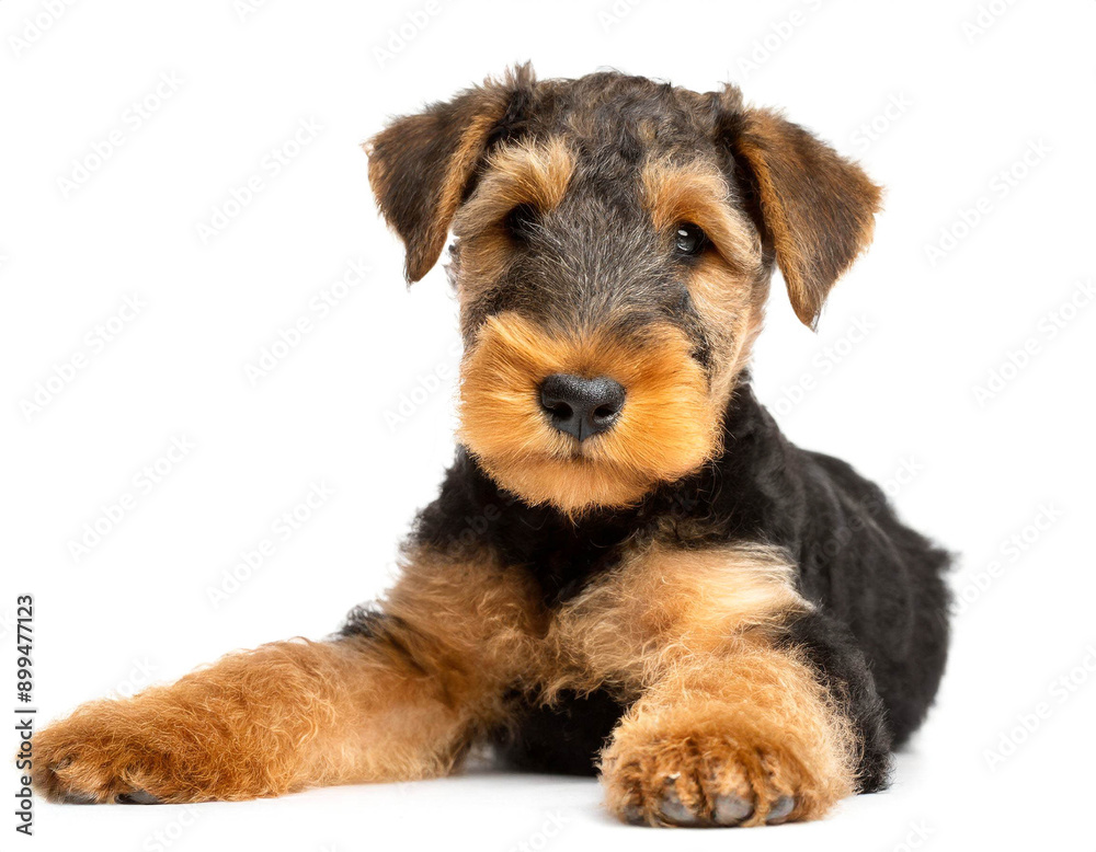 Airedale terrier welpe liegend isoliert auf weißen Hintergrund, Freisteller Airedale terrier welpe liegend isoliert auf weißen Hintergrund, Freisteller