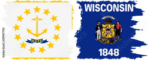 Wisconsin and Rhode Island states grunge brush flags connection, vector
