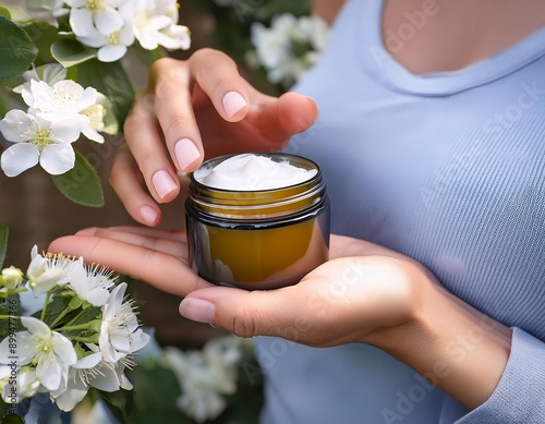 Manos de mujer sujetando un bote de crema hidratante con flores blancas a su alrededor simbolizando la belleza y la salud de la piel