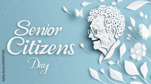 Elegant paper-cut illustration of Senior Citizens Day with floral elements and an elderly woman's profil