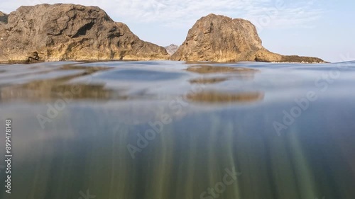 Close-up of the surface of the calm sea with beautiful cliffs behind on a clear sunny day