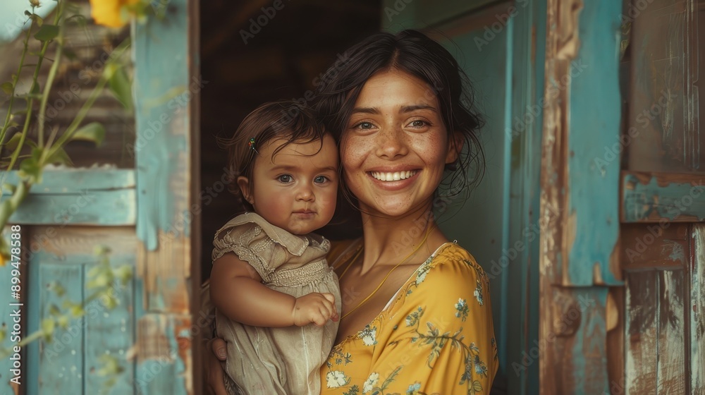 Naklejka premium A woman is holding a baby and smiling