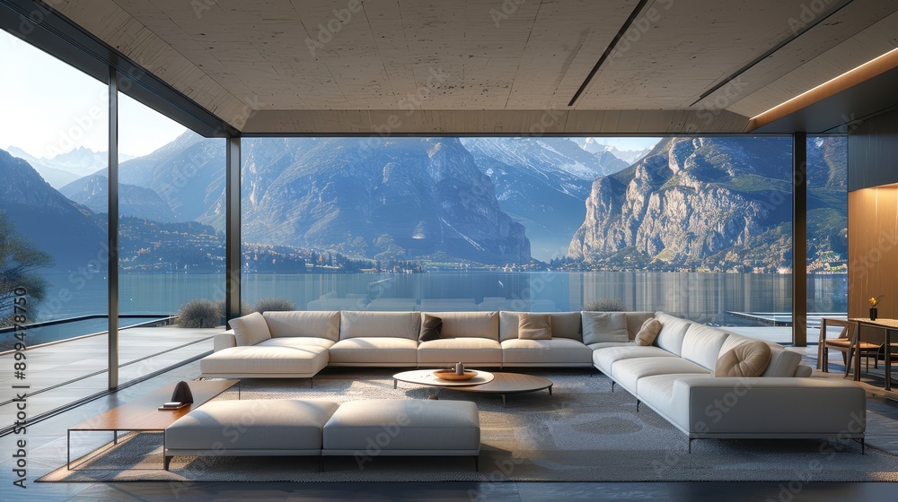 Fototapeta premium A large white sectional sofa is in a living room with a view of the mountains