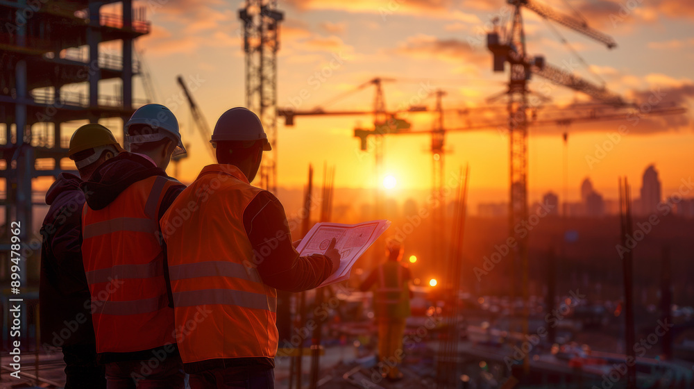 Construction workers observing a building site with cranes during a beautiful sunset.