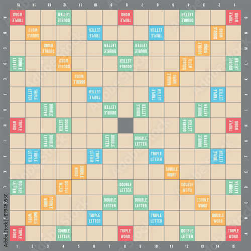 Vector illustration of a Scrabble game board. The design features a detailed layout of the classic word game, with squares for letters and special bonus tiles.