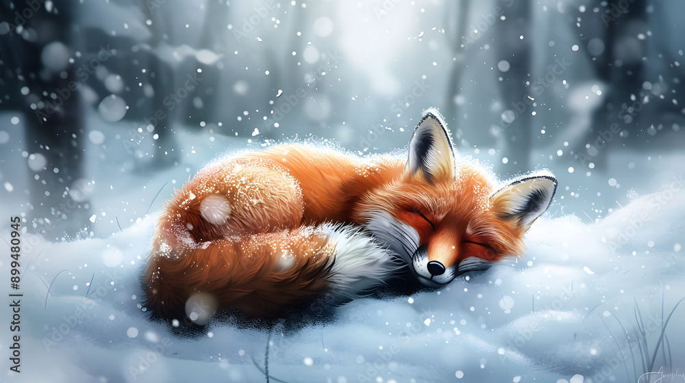 Fototapeta premium Sleeping Fox in a Snowy Forest Illustration