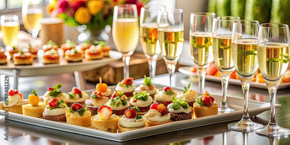 Elegant finger food selection arranged on serving trays at a stylish champagne reception , appetizers, hors d'oeuvres
