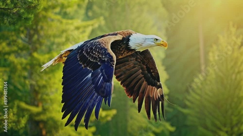 Majestic bald eagle soaring at sunset over silhouette forest. photo