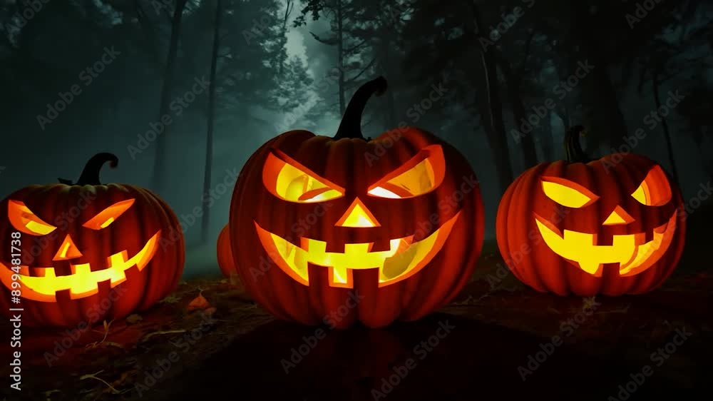 Three carved pumpkins with eerie faces illuminate a dark forest, creating an atmospheric Halloween ambiance under the moonlight Three carved pumpkins with eerie faces illuminate a dark forest, creating an atmospheric Halloween ambiance under the moonlight