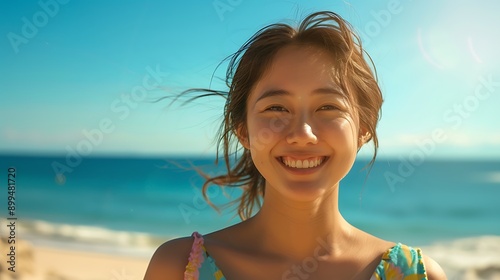 A woman with a wide smile, enjoying a sunny day at the beach.