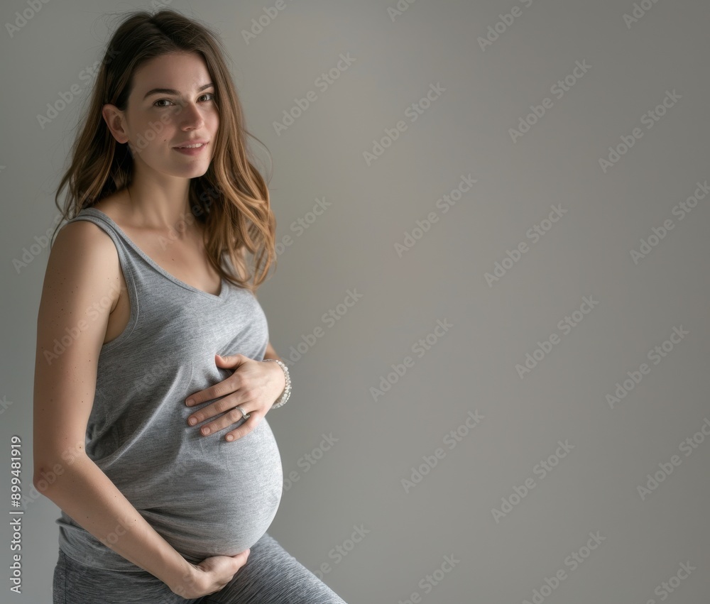 A pregnant woman smiling softly while cradling her baby bump against a plain background with copy space. A pregnant woman smiling softly while cradling her baby bump against a plain background with copy space.