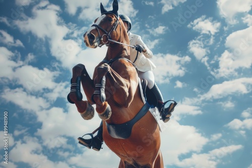 An equestrian rider skillfully jumps with a horse against a backdrop of blue sky.