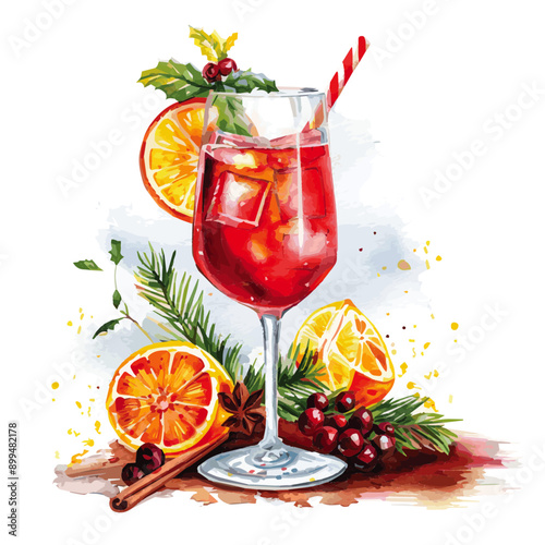 A festive holiday cocktail in a glass, garnished with orange slices, cranberries, and cinnamon sticks, surrounded by seasonal decorations. Festive Holiday Cocktail with Citrus Garnish

