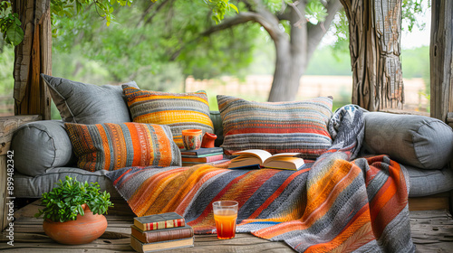 Open book resting on a cozy sofa on a wooden porch with refreshing drink and books for summer reading