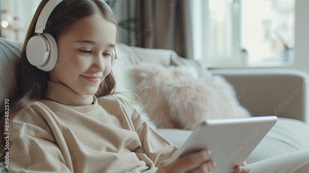 Girl in headphones sitting on a sofa and playing on a tablet Girl in headphones sitting on a sofa and playing on a tablet