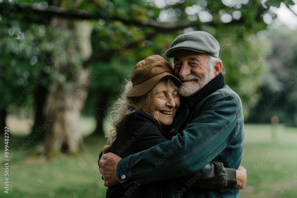 Happy elderly couple in park with good health and relationship.