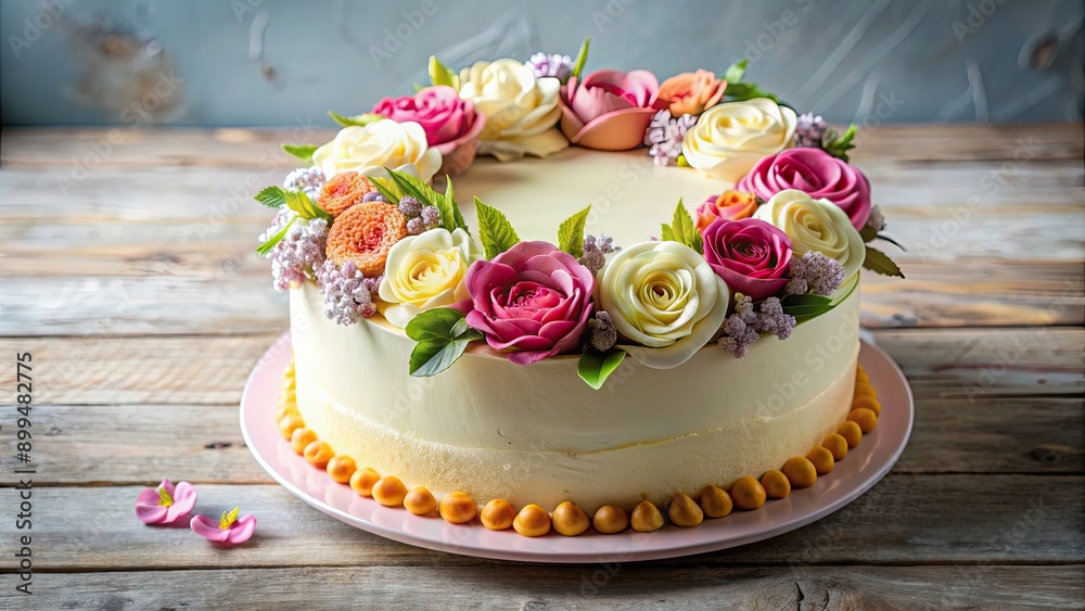 Fototapeta premium Cake adorned with beautiful floral decorations, cake, dessert, sweet, celebration, party, baked, confection, treats, floral