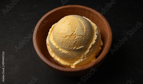 One rounded scoop mango ice cream with wooden bowl, top view on plan background, photorealistic no cone