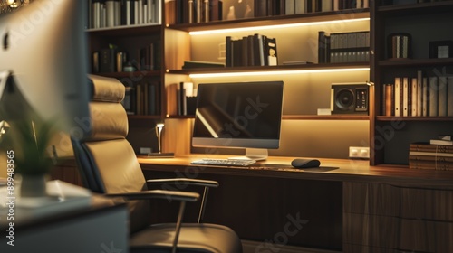 Cozy home office corner featuring a comfortable chair and a desktop computer. Emphasizing relaxation and efficiency. Ideal for home office inspiration. © Teagu