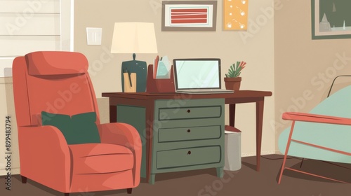 Cozy home office corner. Featuring a small desk with a laptop, a comfortable armchair, and personal decor items. Emphasizing a relaxed and inviting work environment. Ideal for home office inspiration.