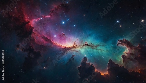 A vast, colorful nebula with shooting stars passing through