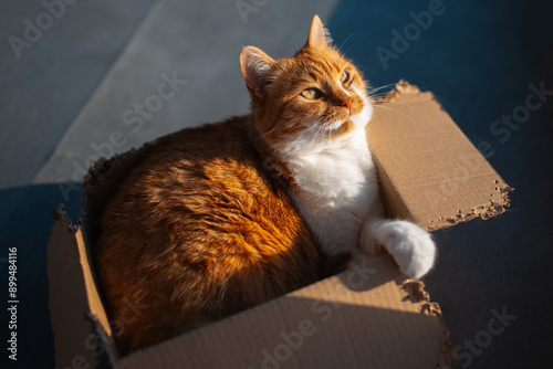 Portrait of red white cat lying in the cardboard box.