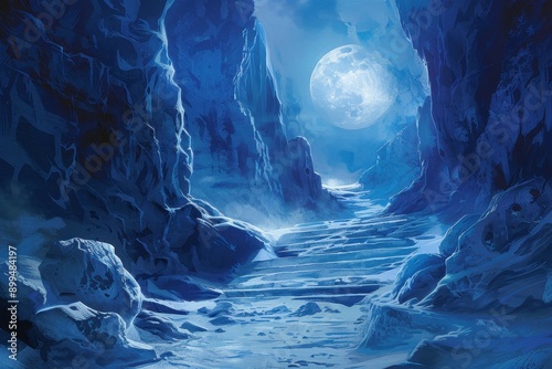 Mystical icy cavern bathed in moonlight