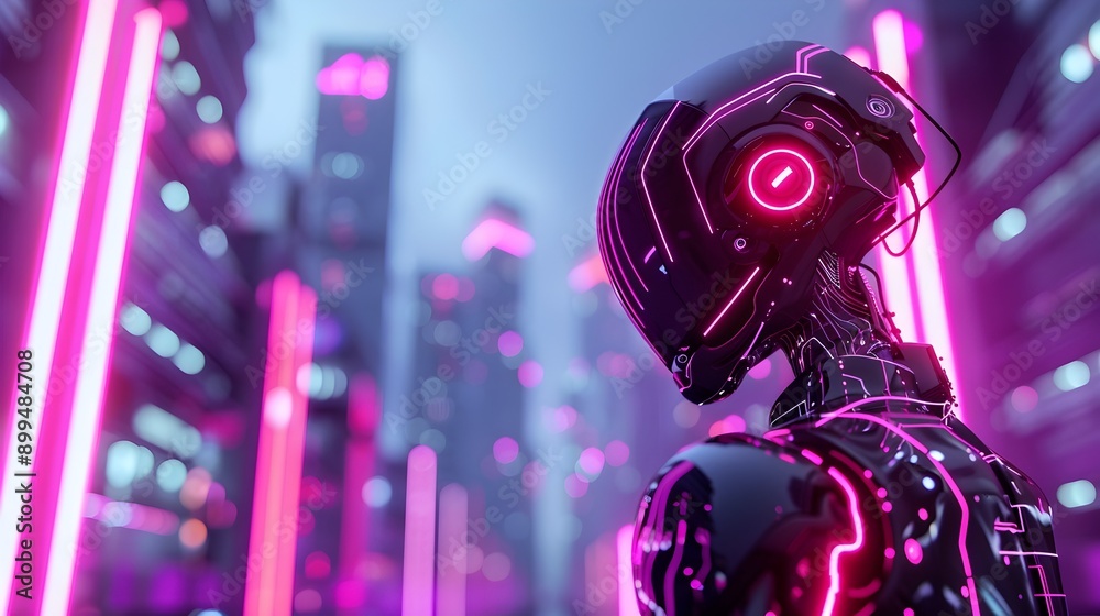 Cybernetic Humanoid in Neon-Lit Futuristic Urban Setting with Advanced Robotics