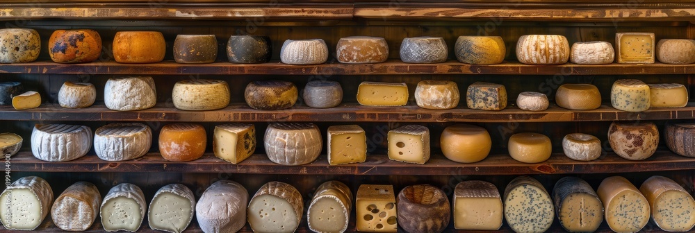 Display of artisanal cheese assortment on a shelf showcasing a diverse selection of cheese wheels in a gourmet food festival background Display of artisanal cheese assortment on a shelf showcasing a diverse selection of cheese wheels in a gourmet food festival background