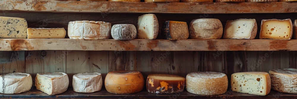Display of artisanal cheese assortment on a shelf showcasing a diverse selection of cheese wheels in a gourmet food festival background Display of artisanal cheese assortment on a shelf showcasing a diverse selection of cheese wheels in a gourmet food festival background
