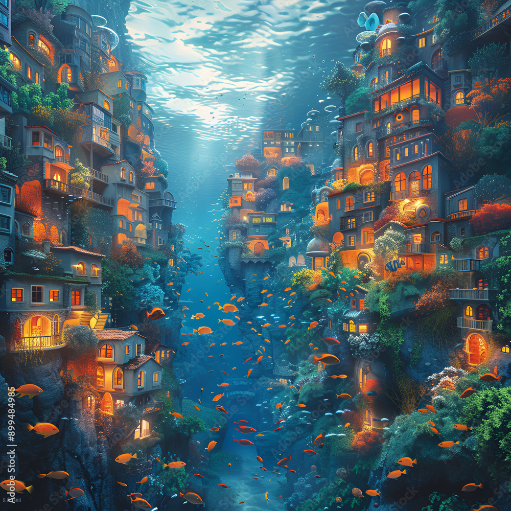Fototapeta premium panoramic illustration of city buildings under the sea with nuances of coral reefs and fish