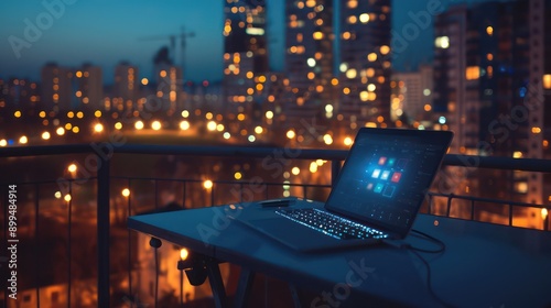 night-time virtual meeting setup on a balcony with city lights in the background and a glowing laptop screen photo