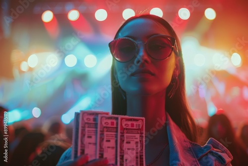 Fan Holding Concert Tickets with Stage Lights in Background