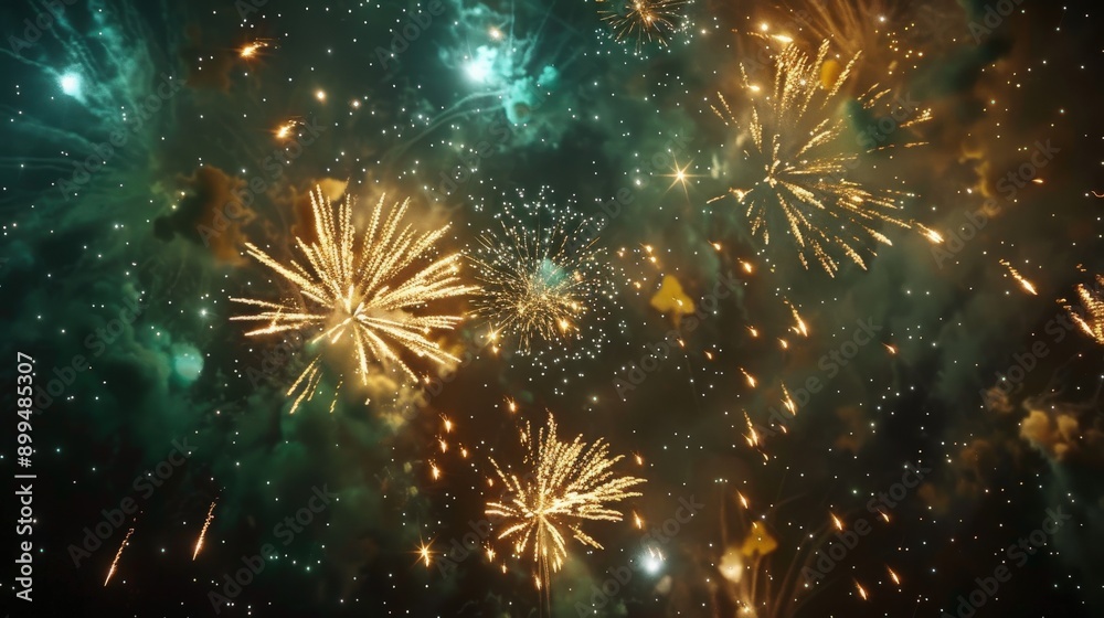Fototapeta premium Gold and green fireworks bursting against a starry backdrop in the night sky