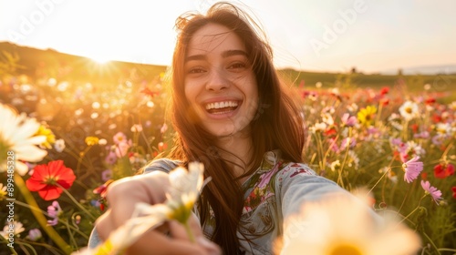 Fototapeta Naklejka Na Ścianę i Meble -  Beautiful girl taking a selfie in a blooming flower meadow in summer or late spring. Close-up of a happy woman.